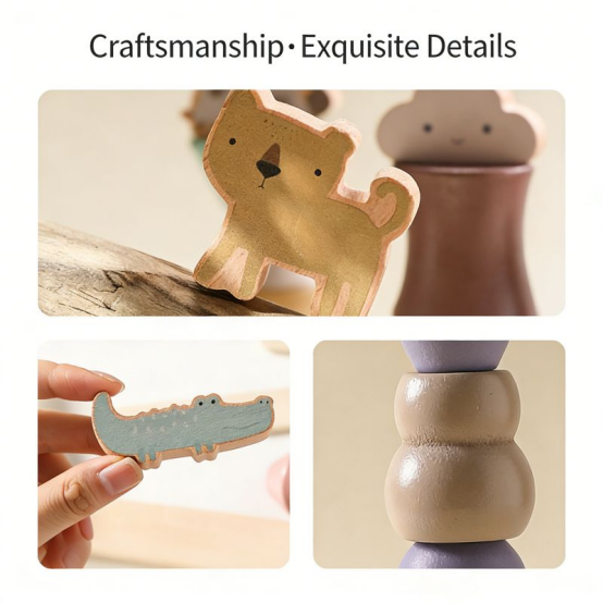 Close-up of animal-shaped wooden pieces showing exquisite craftsmanship in eco-friendly Montessori toys.