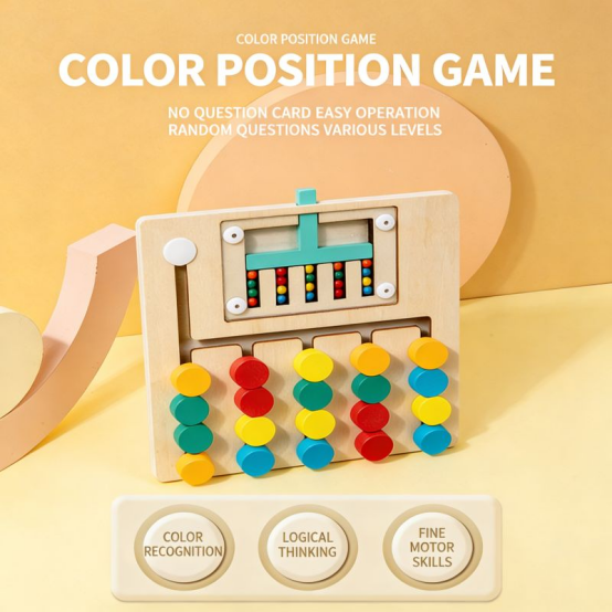 Collection of wooden Montessori toys featuring a stick tower and color matching games.