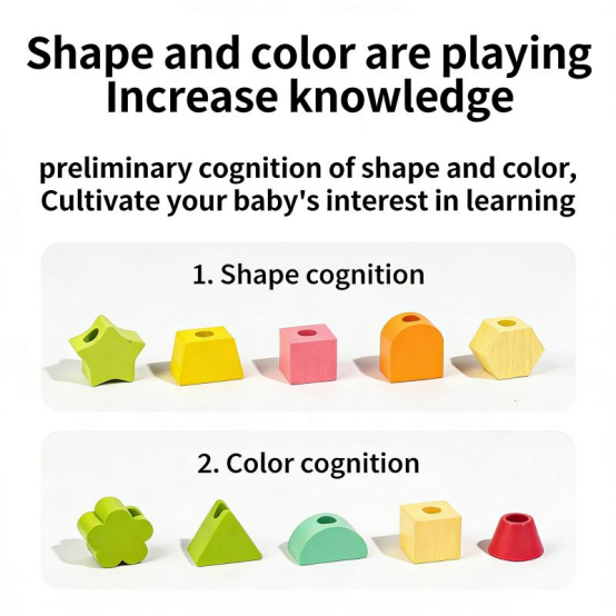 Wooden shape and color cognition blocks, designed as essential Montessori toys for early childhood learning.