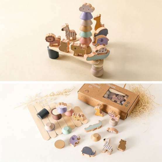A set of animal-themed wooden balancing blocks and packaging, featuring eco-friendly Montessori toys.