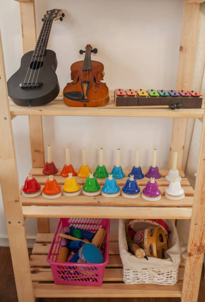 Wooden shelves displaying various musical Montessori toys, including bells, ukulele, and violin.