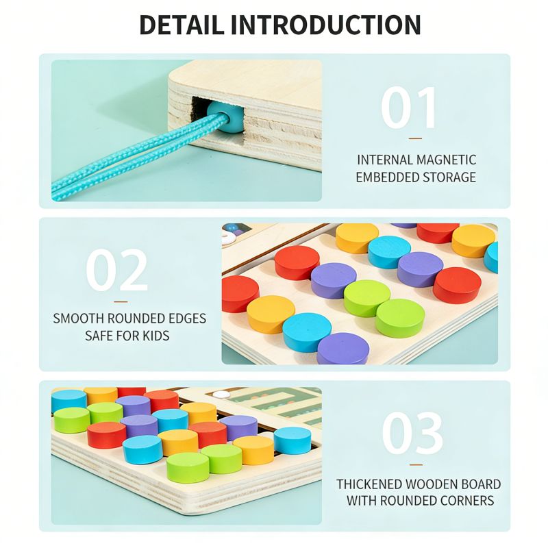 Detailed features of colorful, safe wooden Montessori toys with magnetic storage and smooth edges.
