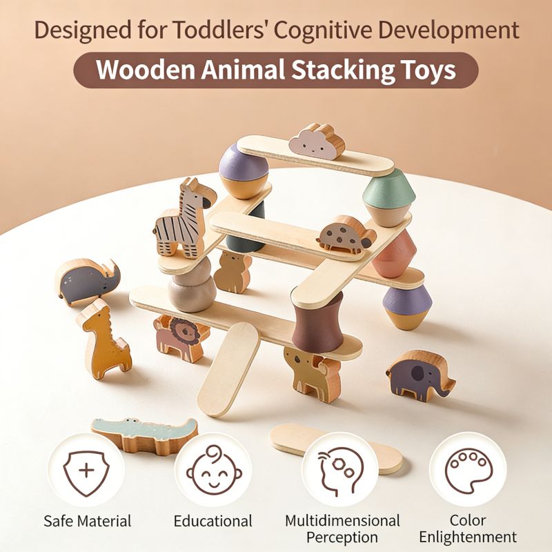 Wooden animal stacking Montessori toys designed for toddlers' cognitive development and learning.